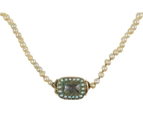 A Georgian graduated natural saltwater pearl necklace with rose gold seed pearl and hair panel clasp.    The 124 pearls from 