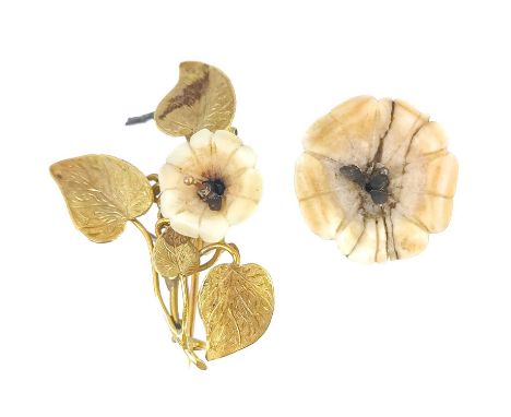 A 19th century French 18ct  gold and ceramic floral spray brooch. Within original fitted box, the pin with eagle standard mar