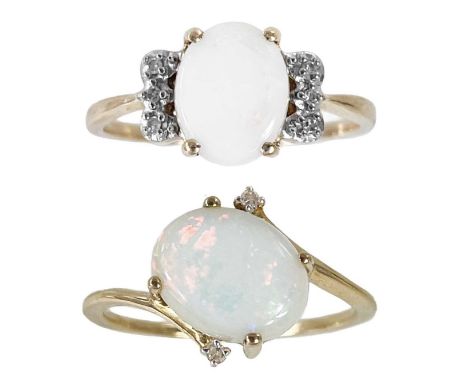 Two 9ct contemporary opal and small diamond set rings by Gemporia. Sizes N 1/2, 3.8g.