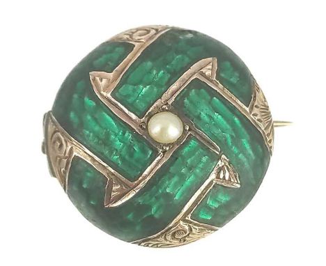 A Victorian green enamel seed pearl set locket bombe brooch. The back with glazed hair panel locket, diameter 20mm, 5.2g.One 
