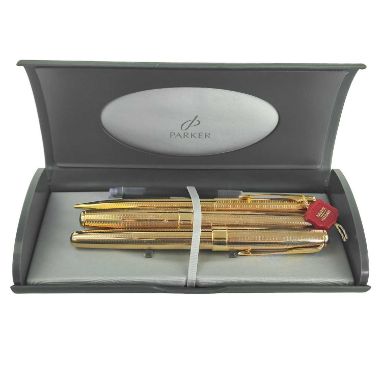 A Parker Sonnet fountain pen with 18k gold nib.  In a parker presentation case with a gold plated roller pen and a parker gol
