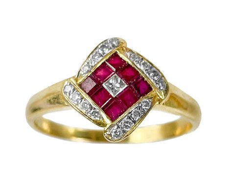 An 18ct gold diamond and ruby set ring by Le Vian.  The head with a lozenge panel set with a central small square cut diamond