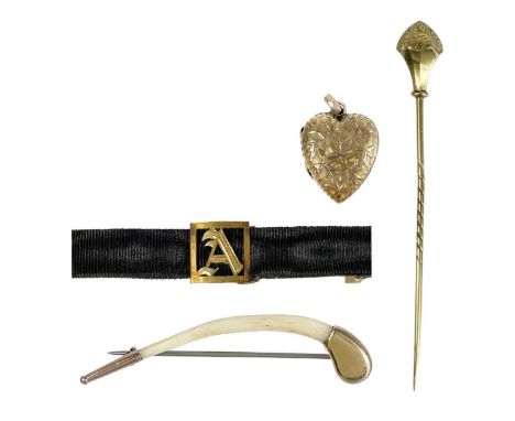 A selection of gold jewellery. To include a Victorian high purity stick pin with facetted hollow foliate engraved head, lengt