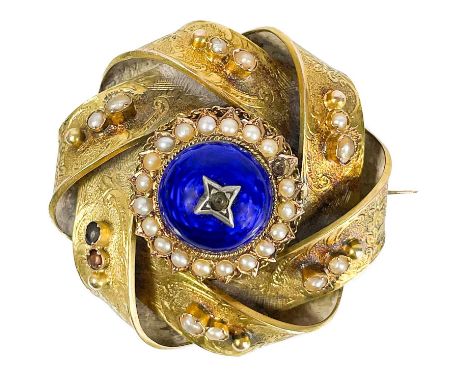 A Victorian gold (tests 14ct) blue guilloche enamel and seed pearl set knot brooch. The domed enamel centre with seed pearl s