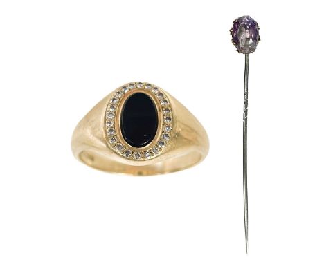 A modern 9ct hallmarked gold, diamond and onyx set gentleman's signet ring The oval head set with black onyx surrounded by 24