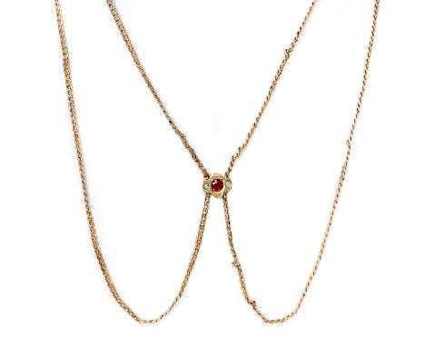 Two 9ct belcher link chains and a gold plated long guard with 9ct dog clip and slide. One is broken, length 42cm, 2.18g, the 