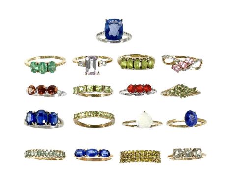 A collection of seventeen  contemporary 9ct gem set rings by various makers. Mostly all by Gemporia and Rocks &amp; Co, total