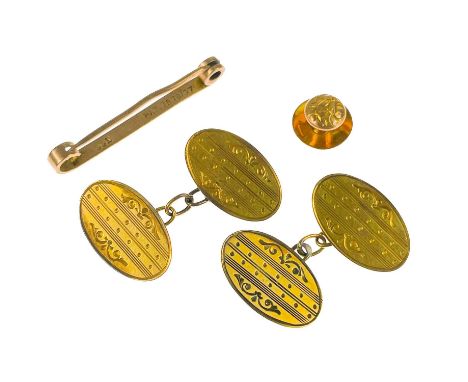A selection of 9ct gentleman's accessories. Including a pair of oval cufflinks, a shirt stud and a tie pin, 7.16g.