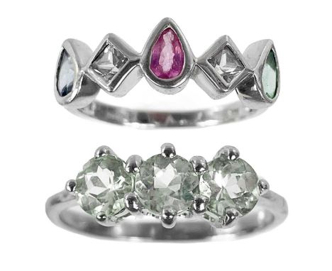 Two 9ct white gold gem set rings by Rocks & Co. One a multi gem set with pink and white topaz and green and blue tourmaline, 