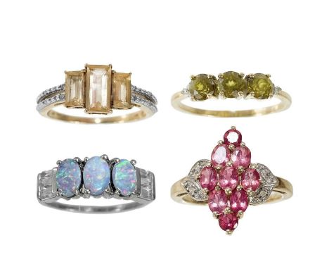 Three 9ct gem and diamond set rings and a 9ct opal ring, by Gemporia.  Sizes N to Q, 9.55g.