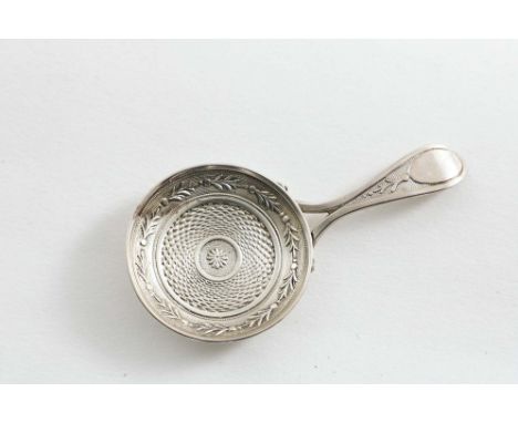 A GEORGE III "STAMPED" CADDY SPOON with a bifurcated handle &amp; resembling a shallow frying pan, by Matthew Linwood, Birmin