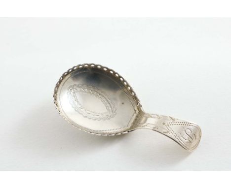 A GEORGE III ENGRAVED CADDY SPOON  with a galleried bowl, initialled "B", by Cocks &amp; Bettridge, Birmingham 1805;  2.75"  
