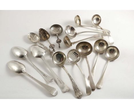 A MIXED LOT:- Three George II / III table spoons (one crested, two initialled), a George III sugar sifter ladle, an Elizabeth