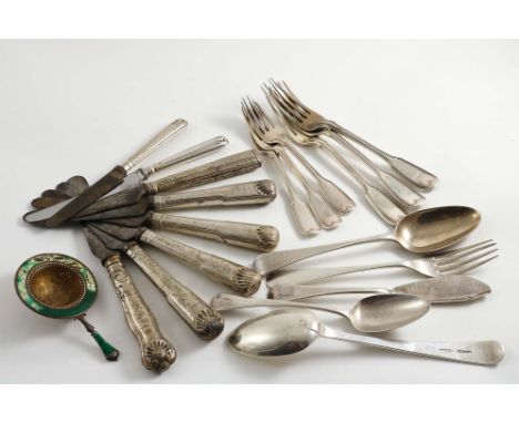 A MIXED LOT:- A set of three Victorian Fiddle &amp; thread pattern table forks and three dessert forks, crested, by Mary Chaw