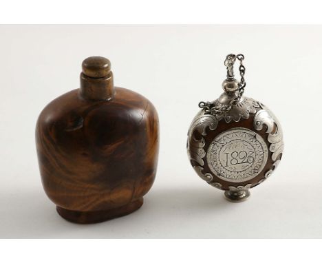 AN EARLY 19TH CENTURY NORWEGIAN MOUNTED BURR-WOOD FLASK with a screw cover &amp; "spike" stopper, secured by a chain, initial