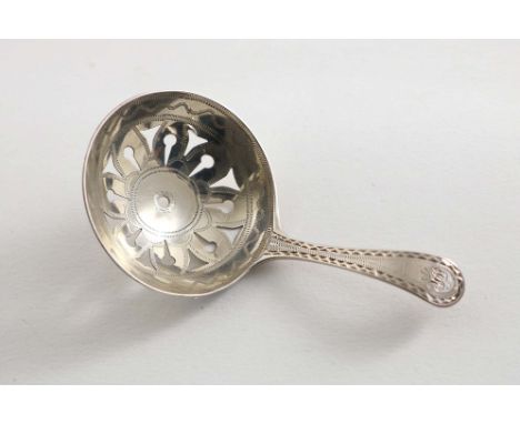 A GEORGE III ENGRAVED CADDY SPOON with a bright-cut stem &amp; a pierced circular bowl, initialled, by George Burrows, London