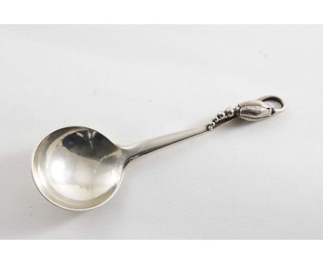 AN EARLY 20TH CENTURY DANISH BLOSSOM PATTERN CADDY OR JAM SPOON with a circular bowl, by Georg Jensen, Copenhagen 1915-32 (in
