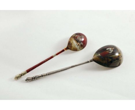 A LATE 19TH / EARLY 20TH CENTURY PARCELGILT SPOON with a turned finial, the back of the bowl cold-painted scene depicting a p