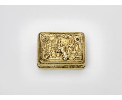 A GEORGE III SILVERGILT SNUFF BOX rectangular with rounded corners, the sides decorated with fruiting vines &amp; the base wi