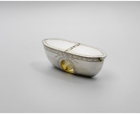 A GEORGE III SILVER "THUMBHOLE" SNUFF BOX boat-shaped with engraved borders, dual compartments &amp; traces of gilding, gilt 