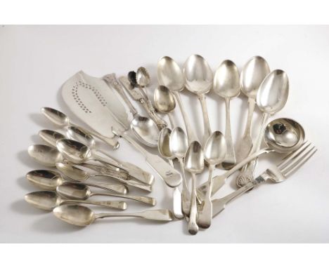 A MIXED LOT OF FLATWARE &amp; CUTLERY:- Five various table spoons, a George III fish slice, a dessert spoon, a table fork, a 