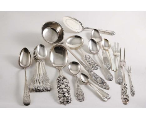 ASSORTED NORWEGIAN FLATWARE mainly early 20th century to include:- A soup ladle, a set of six dessert spoons, two spoons with