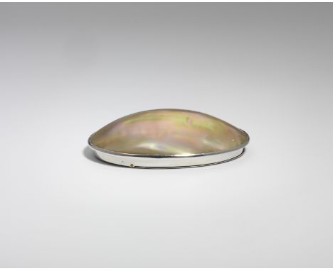 A GEORGE III / IV SCOTTISH PROVINCIAL SILVER MOUNTED MOTHER OF PEARL SHELL SNUFF BOX, oval with a pricked, Greek-key border a