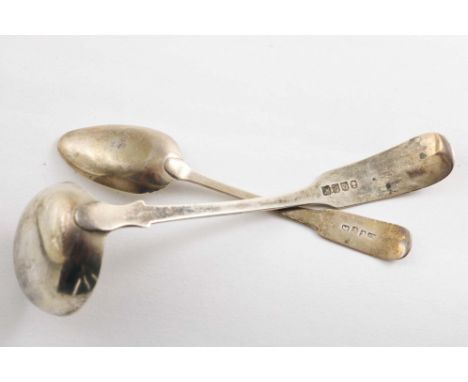 DUMFRIES:- A Fiddle pattern toddy ladle, initialled "N", no maker's mark, and an Oar pattern tea spoon, initialled "JD", by J