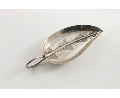 A GEORGE III "LEAF" CADDY SPOON with engraving and a tendril handle, initialled "CE" on the back of the bowl, by Joseph Taylo