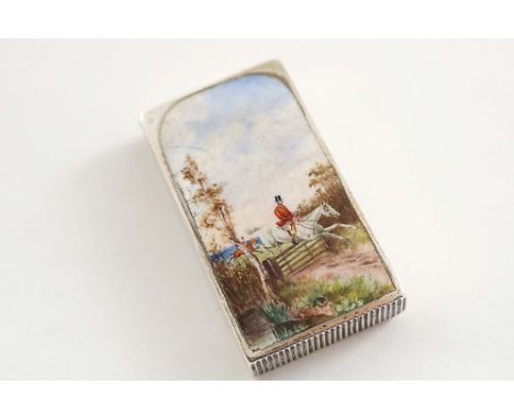 A VICTORIAN RECTANGULAR VESTA CASE with a flip cover, enamelled on the front with a huntsman on a grey horse jumping a five-b