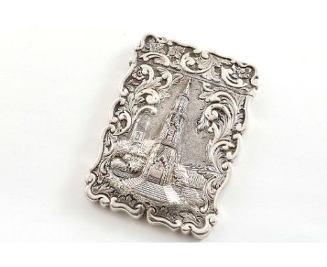 A VICTORIAN EMBOSSED "CASTLE TOP" CARD CASE  of shaped rectangular outline with a scroll border &amp; a view of Martyr's memo