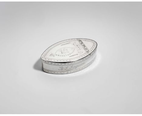 A GEORGE III IRISH SILVER SNUFF BOX navette-shaped with bright-cut decoration, the cover initialled "EL" (script), and one si