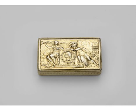 ADMIRAL LORD NELSON: A George III silvergilt memento-mori snuff box, rectangular with bands of acorns and bell-flowers in rel