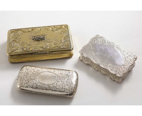 A LATE 19TH CENTURY FRENCH SILVERGILT OBLONG SNUFF BOX with engraving, engine-turning and an applied floral boss on the cover