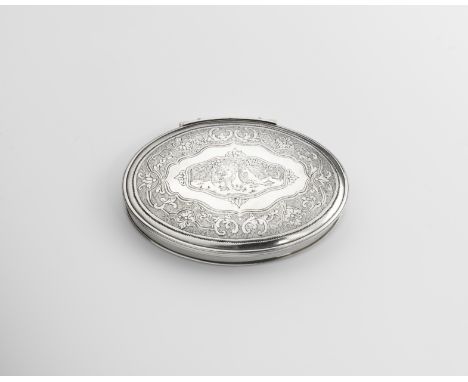 A GEORGE I SILVER SNUFF BOX oval with a "stand-away" hinge, reed borders and a slightly dome cover, decorated with flat-chasi