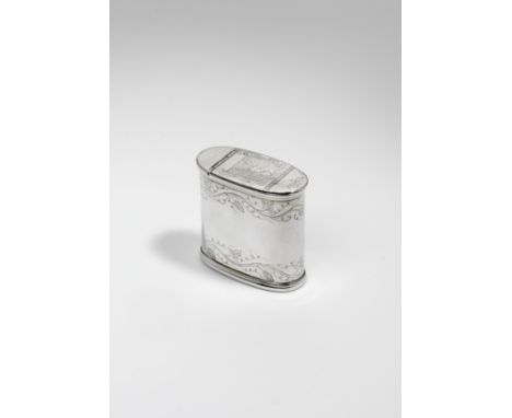 A GEORGE II SCOTTISH SILVER SNUFF MULL of "upright" form and oval section, with moulded borders, the sides engraved with an u