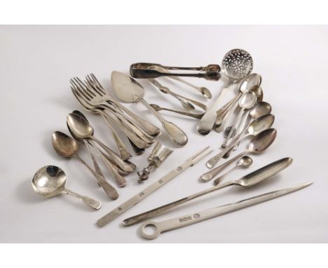 MISCELLANEOUS FLATWARE:- A marrow scoop, a meat skewer, a sugar sifter ladle, a two-prong tong, fifteen tea spoons, seven var