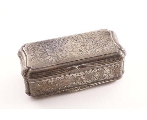A VICTORIAN ENGRAVED SNUFF BOX rectangular with incurved corners, reeded borders and a serpentine thumbpiece, the cover with 