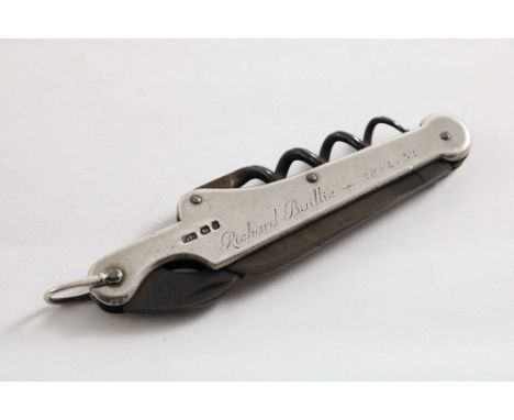 A LATE VICTORIAN MOUNTED STEEL POCKET MULTI-TOOL with two penknife blades, a corkscrew and a cutting hook, inscribed "Richard