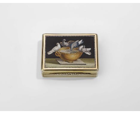 A GEORGE IV SILVERGILT RECTANGULAR SNUFF BOX with engine-turning and a raised floral thumbpiece, the cover inset with a micro
