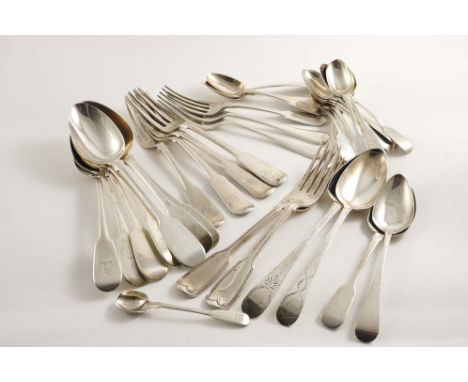 A MIXED LOT:- Seven Fiddle table spoons, four Scottish fiddle table forks,  a Fiddle dessert fork, fifteen Fiddle tea spoons,