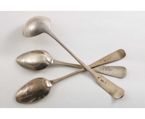A SMALL COLLECTION OF SCOTTISH PROVINCIAL FLATWARE BANFF: A plain masking spoon by John Keith, a large tea spoon, Old English