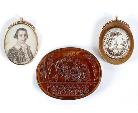A GEORGE III MEMORIAL PORTRAIT MINIATURE OF A GENTLEMAN half length, in sepia, the reverse with an urn and a verse, in gold b