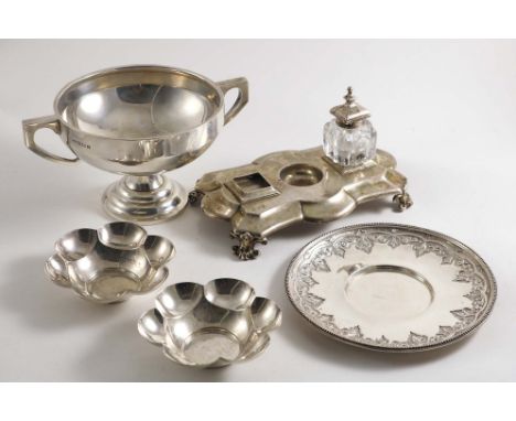 A MIXED LOT:- A Victorian inkstand (A/F), a Victorian circular stand with a chased and beaded border, a pair of lobed circula
