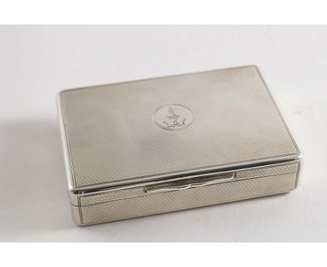 A VICTORIAN LARGE RECTANGULAR SNUFF BOX with engine-turned decoration &amp; a circular cartouche on the cover with engraved c