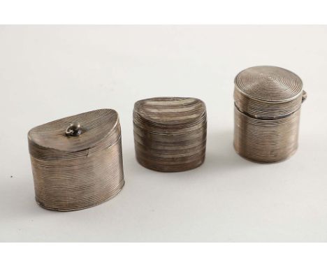 THREE 19TH CENTURY DUTCH PEPPERMINT/COMFIT BOXES:- A ribbed cylindrical example, Amsterdam 1830, a ribbed oval example with a