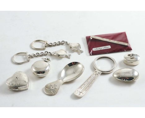 A MIXED LOT:- Three modern pill boxes, two key rings with pendant flat fish, a sovereign case, a millennium-marked caddy spoo