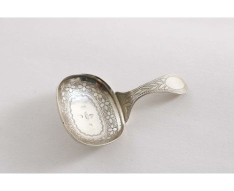 A GEORGE III ENGRAVED CADDY SPOON with a rounded, square bowl, by Wardell &amp; Kempson, Birmingham 1812;  2.5"  (6.5 cms) lo