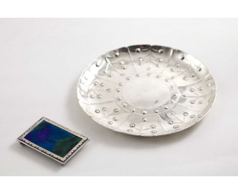 AN ARTS &amp; CRAFTS SHALLOW CIRCULAR DISH in the style of a James I example, unmarked 1910-30 and an enamelled rectangular b