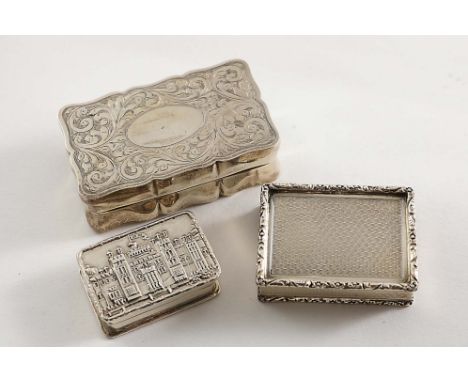 THREE SMALL LATE 20TH CENTURY BOXES:- An engraved snuff box with vacant circular cartouche on the cover with Jubilee marks fo